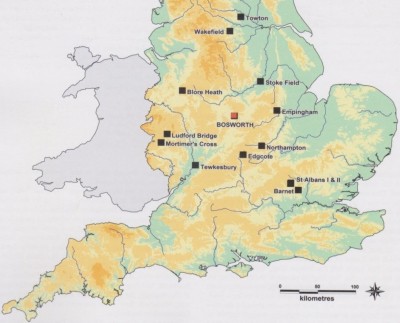Figure 3: Map of England showing some of the major battles of the Wars of the Roses, with Bosworth highlighted in red (after Foard & Curry 2013, xiv).